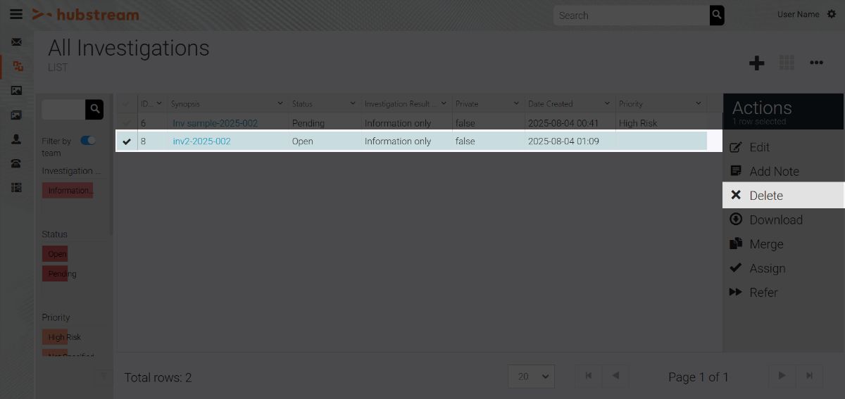 investigation delete